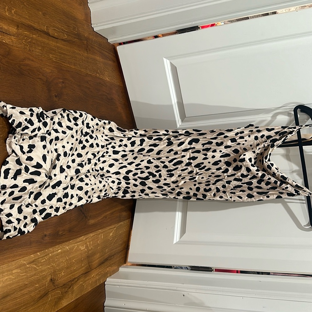 Cheetah print satin scoopneck spaghetti strap dress